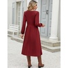 Zeagoo Fall Dresses for Women Casual Long Sleeve A Line V Neck Midi Dress(Wine Red)