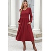 Zeagoo Fall Dresses for Women Casual Long Sleeve A Line V Neck Midi Dress(Wine Red)
