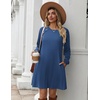 Zeagoo Long Sleeve Tunic Dress Button Crew Neck Casual Fall A-Line Dress(Solid Blue)
