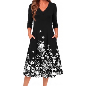 Zeagoo Dresses for Womens Long Sleeve Midi Dress Fall Casual A Line Dress(Black Floral)