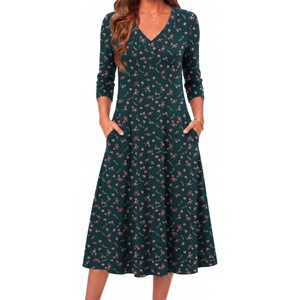 Zeagoo Dresses for Womens Long Sleeve Midi Dress Fall Casual A Line Dress(Green Floral-printed)
