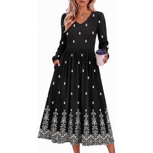Zeagoo Fall Dresses for Women Casual Long Sleeve A Line V Neck Midi Dress(Black Boho Print)