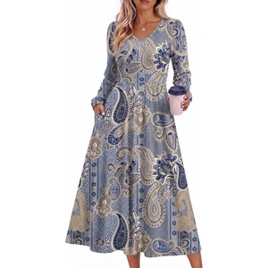 Zeagoo Fall Dresses for Women Casual Long Sleeve A Line V Neck Midi Dress(Ethnic Print)