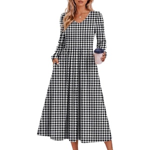 Zeagoo Fall Dresses for Women Casual Long Sleeve A Line V Neck Midi Dress(Houndstooth)
