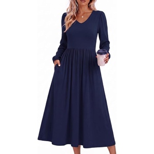 Zeagoo Fall Dresses for Women Casual Long Sleeve A Line V Neck Midi Dress(Navy Blue)