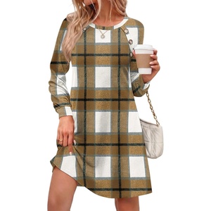 Zeagoo Long Sleeve Tunic Dress Button Crew Neck Casual Fall A-Line Dress(A02-browm Plaid)
