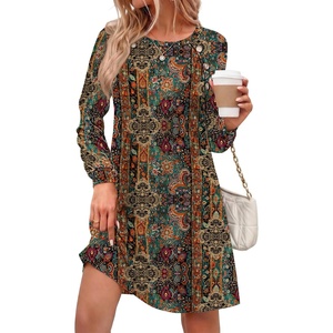 Zeagoo Long Sleeve Tunic Dress Button Crew Neck Casual Fall A-Line Dress(Chic Printed)