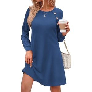 Zeagoo Long Sleeve Tunic Dress Button Crew Neck Casual Fall A-Line Dress(Solid Blue)