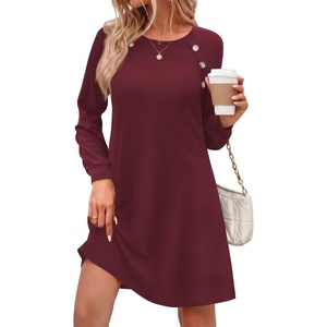 Zeagoo Long Sleeve Tunic Dress Button Crew Neck Casual Fall A-Line Dress(Wine Red)