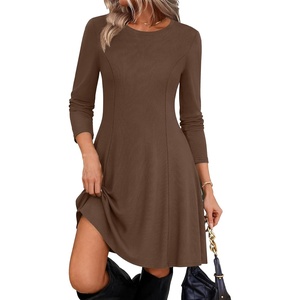 Zeagoo Sweater Dress for Women Fall 2026 Long Sleeve Crew Neck Ribbed Knit Fit and Flare A-Line Dresses(Brown)
