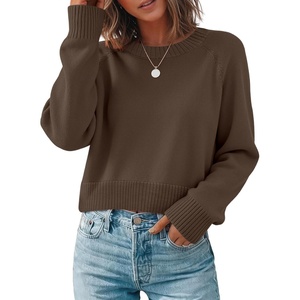 Zeagoo Sweaters for Women Cropped Crewneck Basic 2026 Trendy Fall Tops(Brown)
