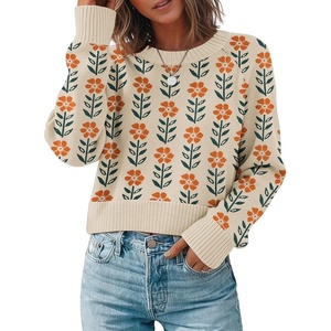 Zeagoo Sweaters for Women Cropped Crewneck Basic 2026 Trendy Fall Tops(Floral Apricot)