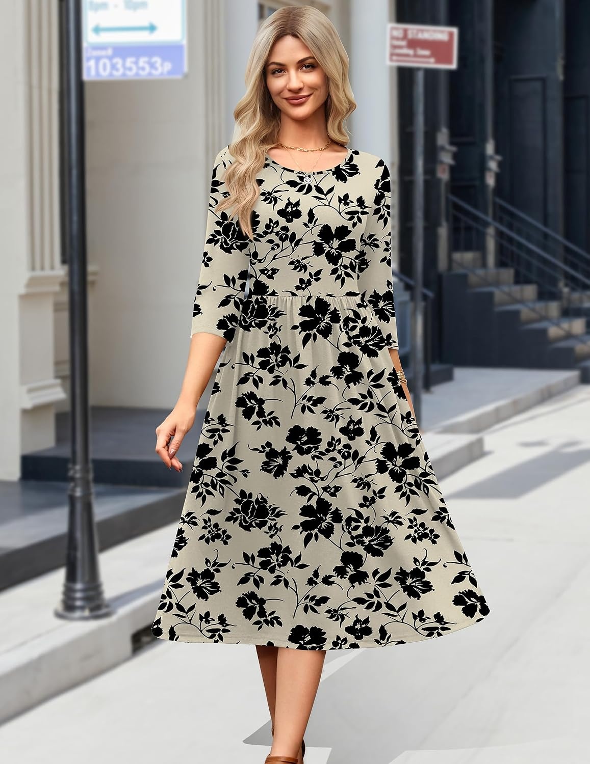 image:imageZeagoo 34 Sleeve Womens Dress Casual Aline Summer Fall Midi Long DressesBeige Black Floral