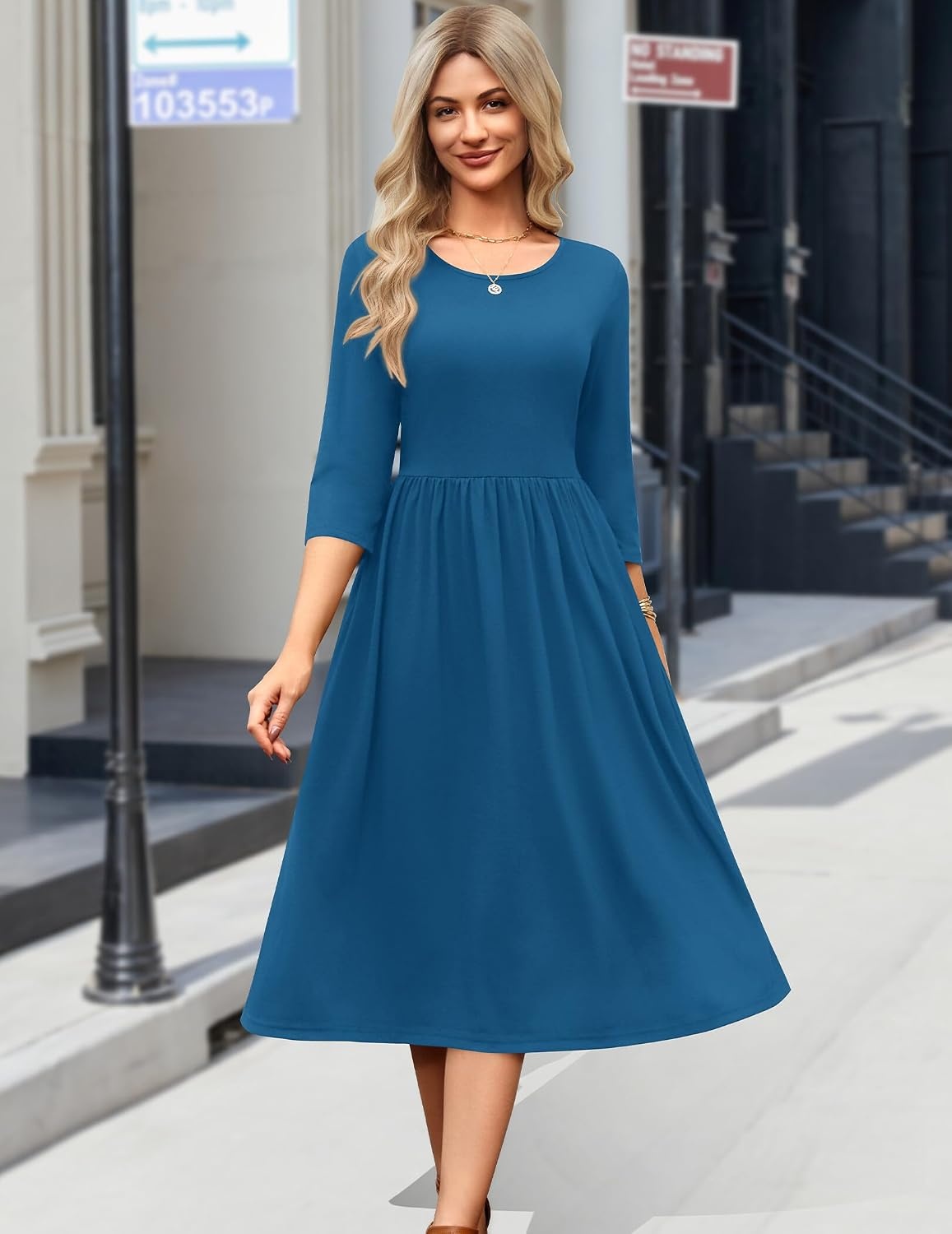 image:imageZeagoo 34 Sleeve Womens Dress Casual Aline Summer Fall Midi Long DressesBlue