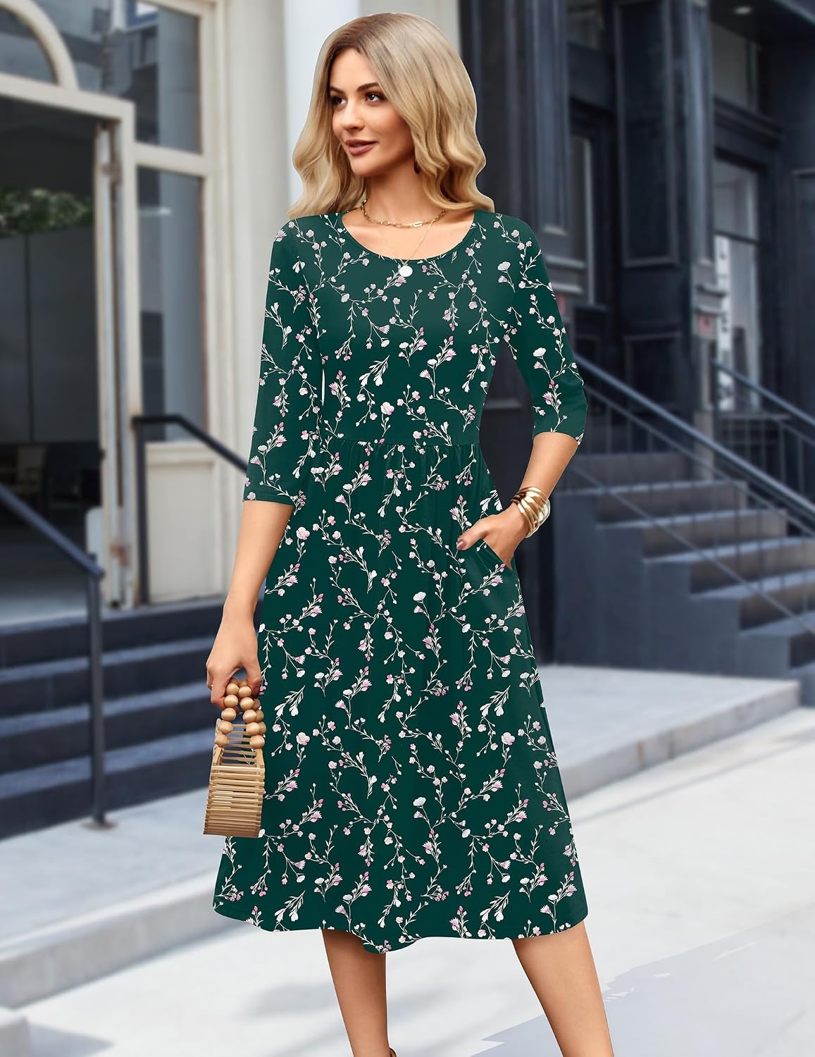 image:imageZeagoo 34 Sleeve Womens Dress Casual Aline Summer Fall Midi Long DressesGreen Floral
