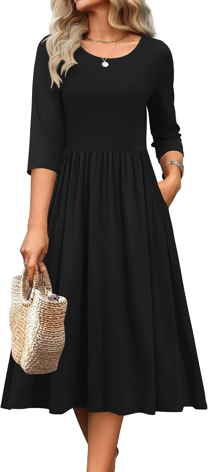image:imageZeagoo 34 Sleeve Womens Dress Casual Aline Summer Fall Midi Long DressesGreen Floral