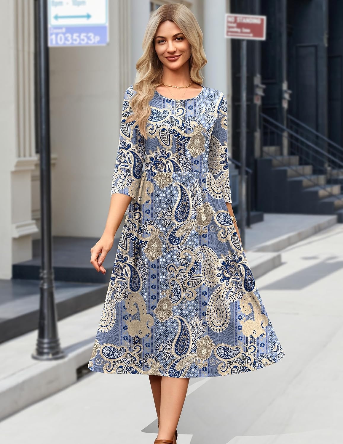 image:imageZeagoo 34 Sleeve Womens Dress Casual Aline Summer Fall Midi Long DressesMz919