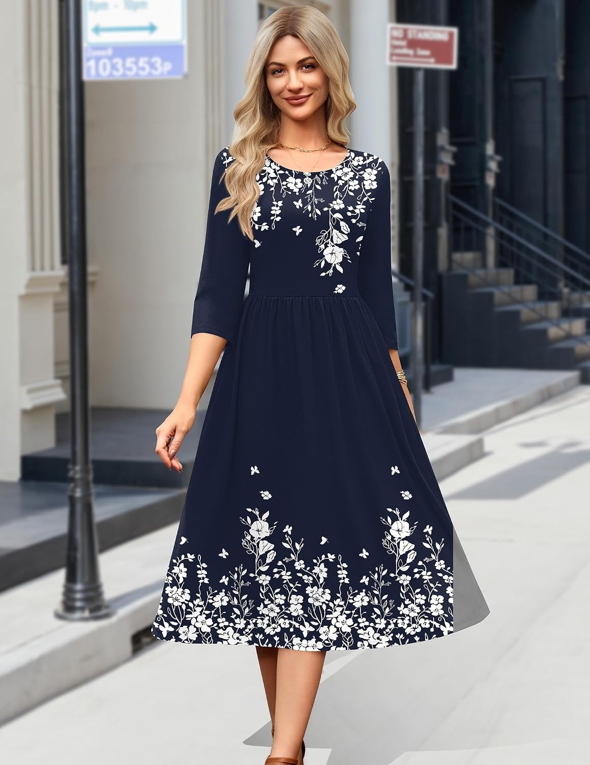 image:imageZeagoo 34 Sleeve Womens Dress Casual Aline Summer Fall Midi Long DressesNavy Blue Floral