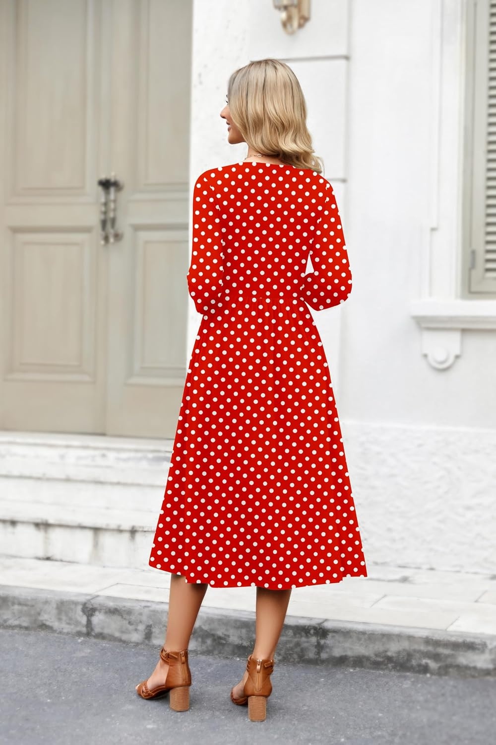 image:imageZeagoo 34 Sleeve Womens Dress Casual Aline Summer Fall Midi Long DressesRed Round Dot