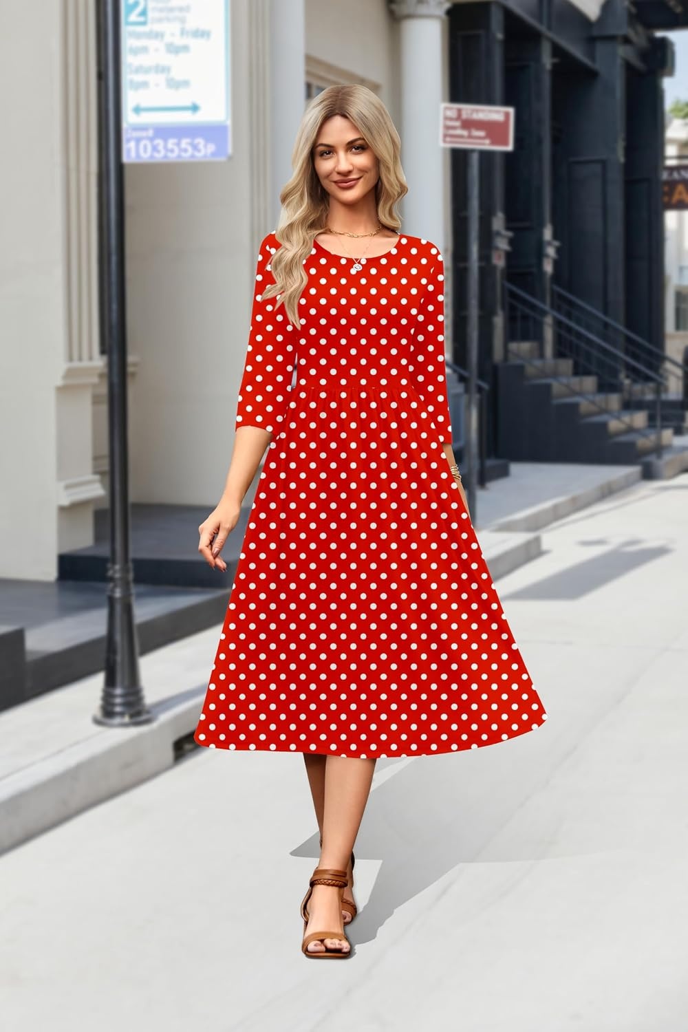 image:imageZeagoo 34 Sleeve Womens Dress Casual Aline Summer Fall Midi Long DressesRed Round Dot