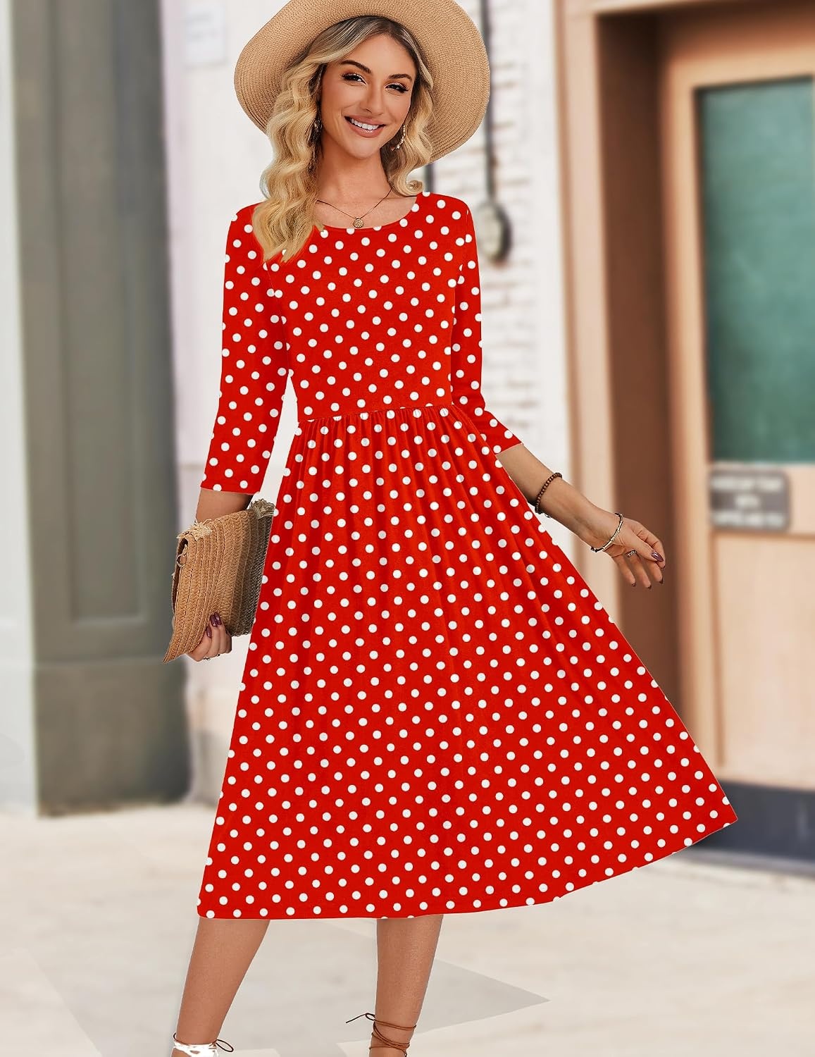 image:imageZeagoo 34 Sleeve Womens Dress Casual Aline Summer Fall Midi Long DressesRed Round Dot