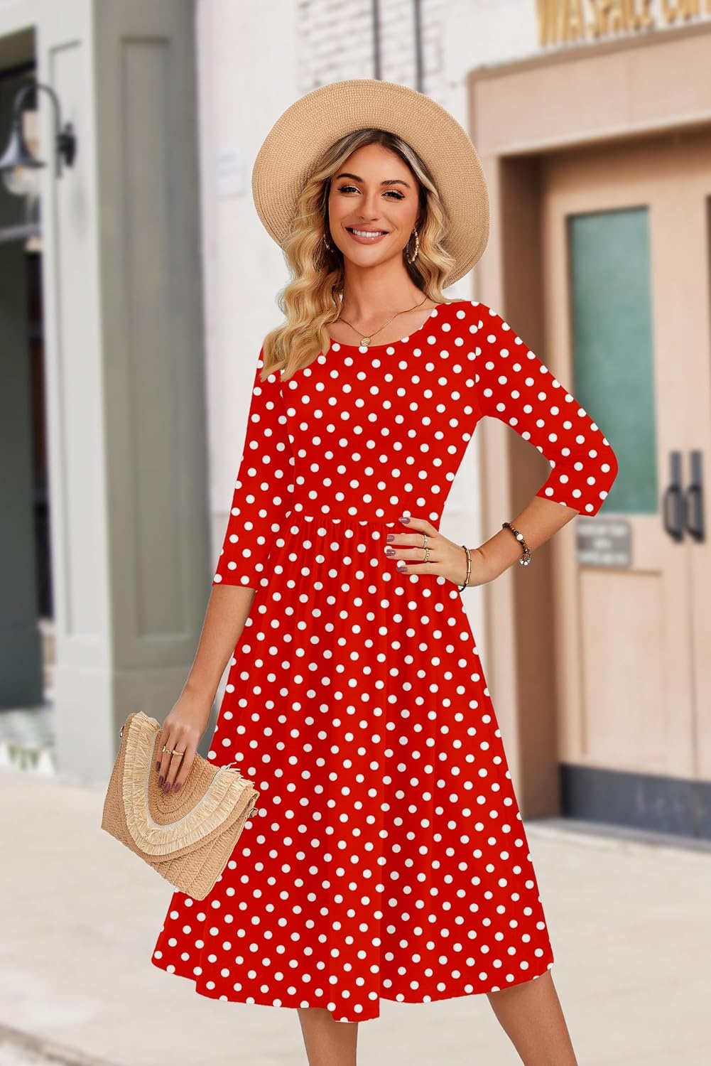 image:imageZeagoo 34 Sleeve Womens Dress Casual Aline Summer Fall Midi Long DressesRed Round Dot