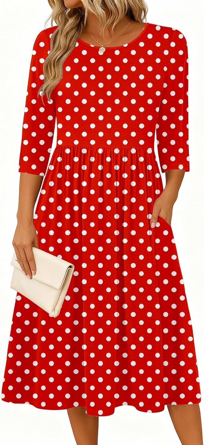 image:imageZeagoo 34 Sleeve Womens Dress Casual Aline Summer Fall Midi Long DressesRed Round Dot