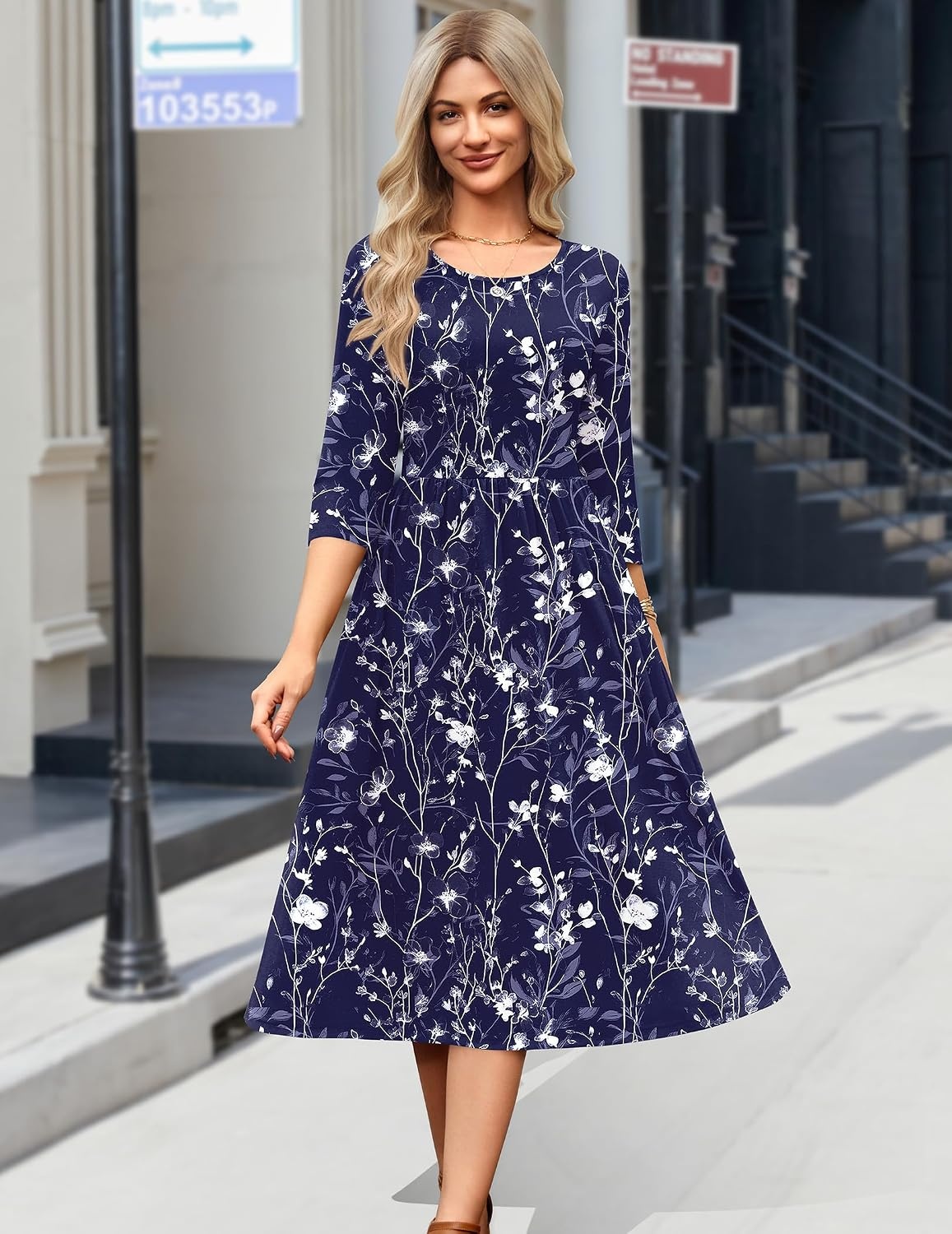 image:imageZeagoo 34 Sleeve Womens Dress Casual Aline Summer Fall Midi Long DressesSf180