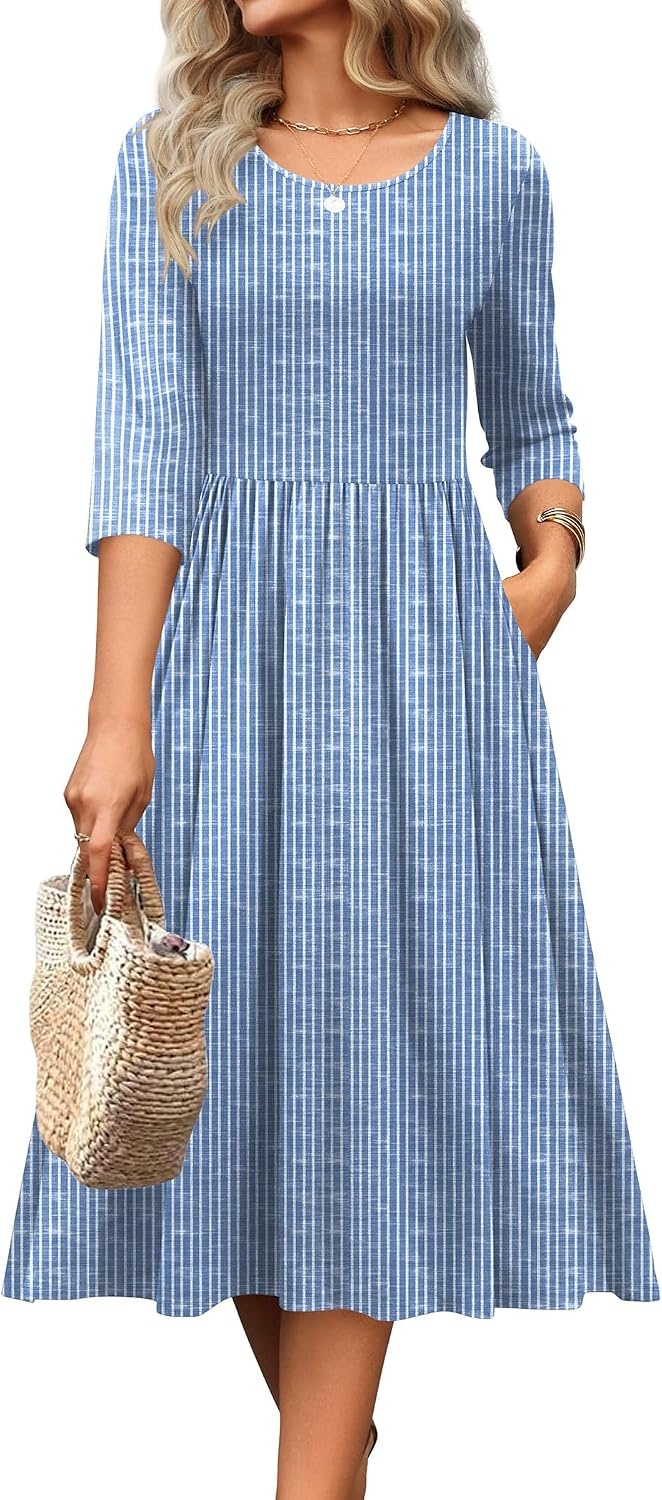 image:imageZeagoo 34 Sleeve Womens Dress Casual Aline Summer Fall Midi Long DressesStripe Print