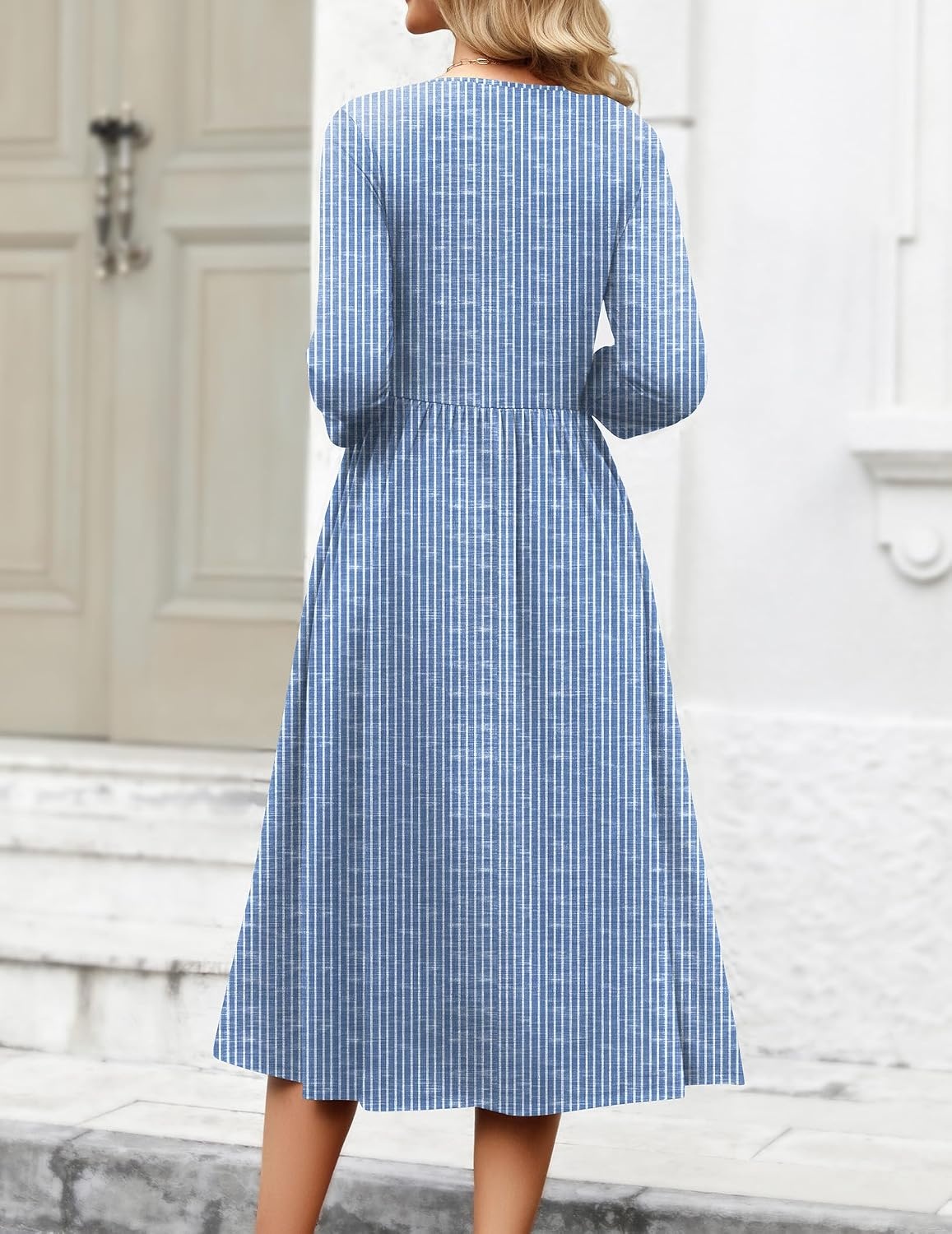 image:imageZeagoo 34 Sleeve Womens Dress Casual Aline Summer Fall Midi Long DressesStripe Print