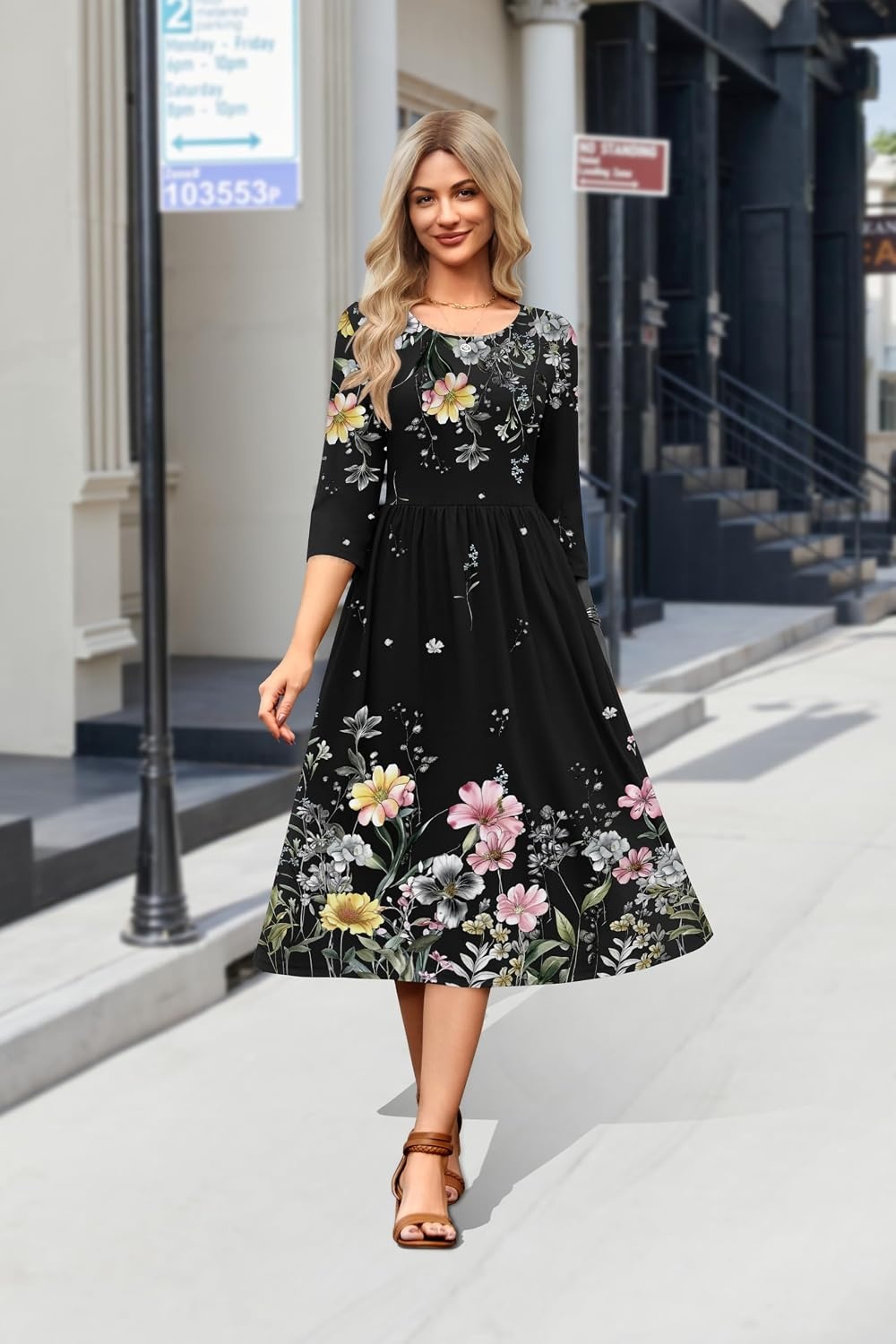 image:imageZeagoo 34 Sleeve Womens Dress Casual Aline Summer Fall Midi Long DressesWf120