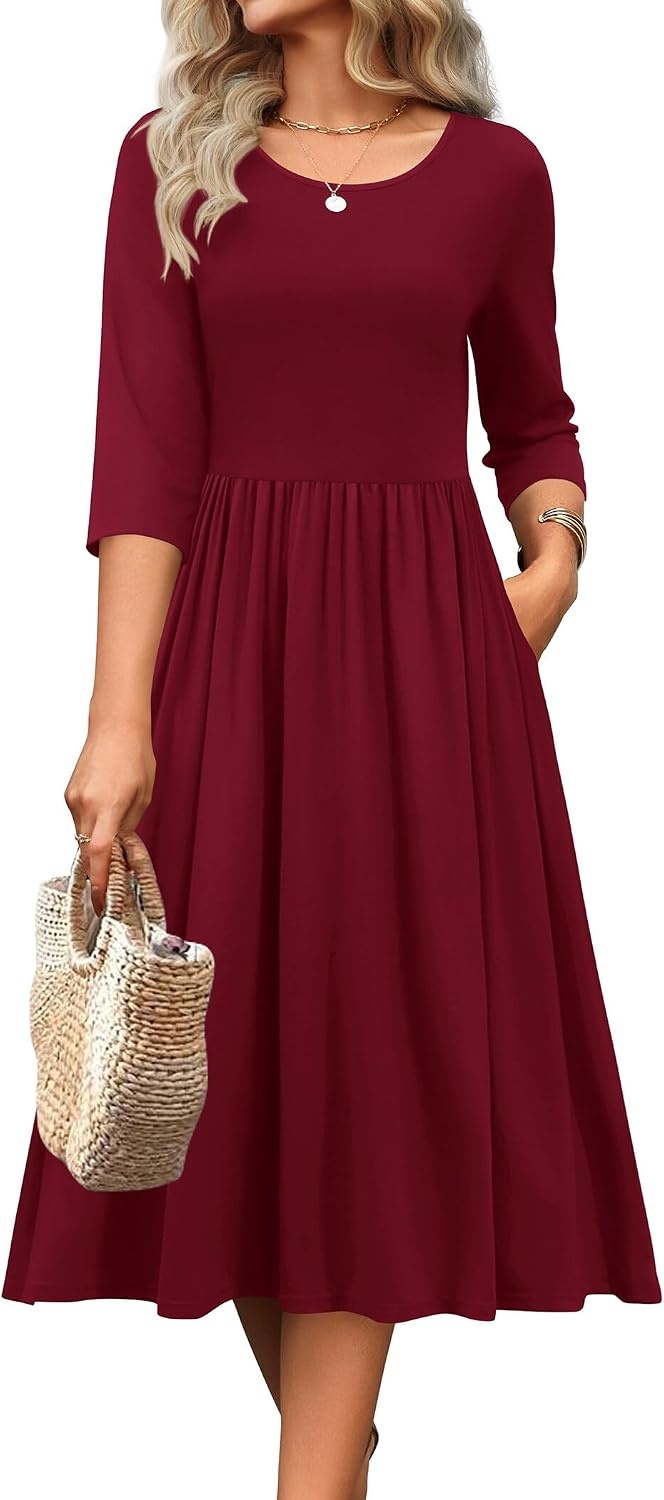 image:imageZeagoo 34 Sleeve Womens Dress Casual Aline Summer Fall Midi Long DressesWine Red