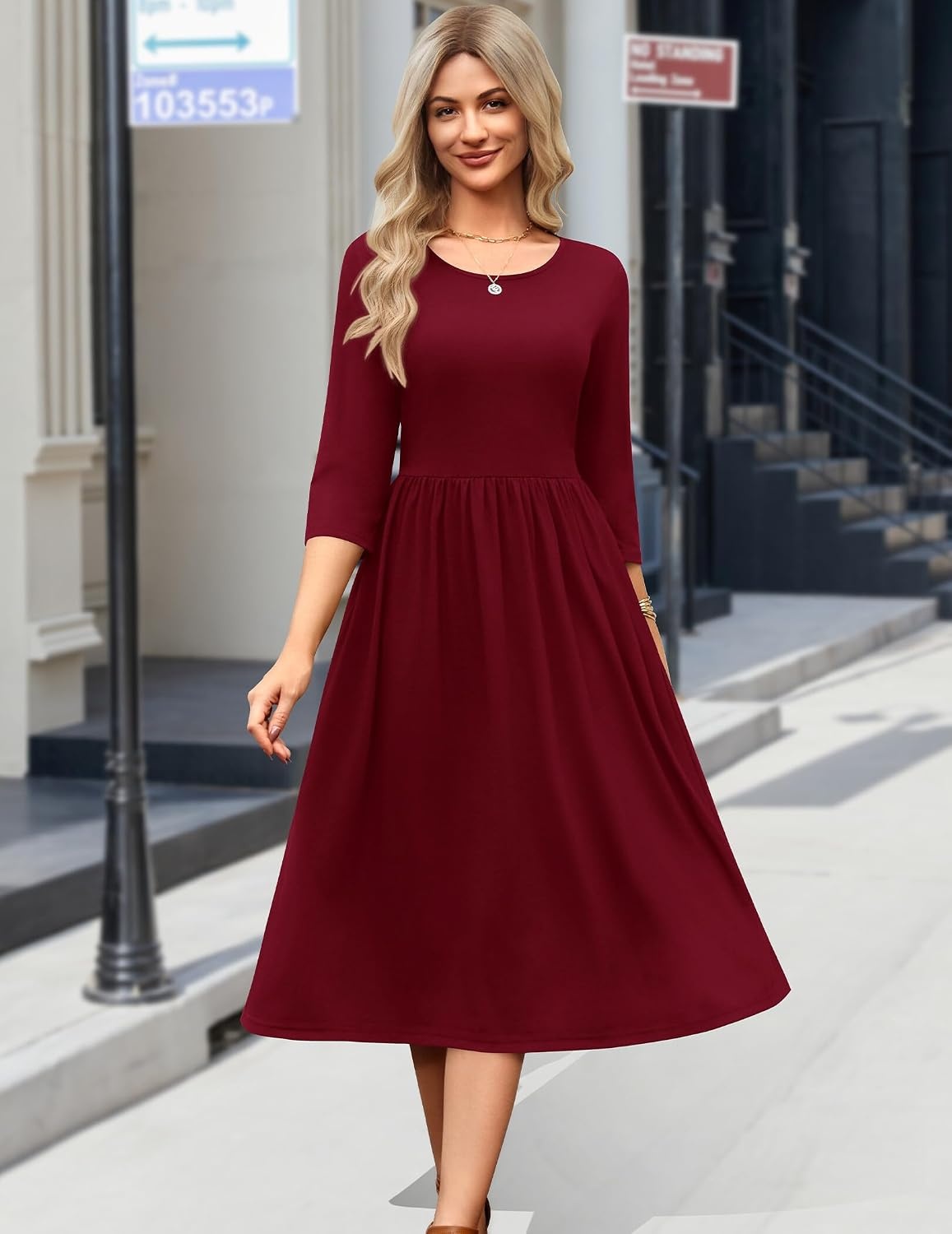 image:imageZeagoo 34 Sleeve Womens Dress Casual Aline Summer Fall Midi Long DressesWine Red
