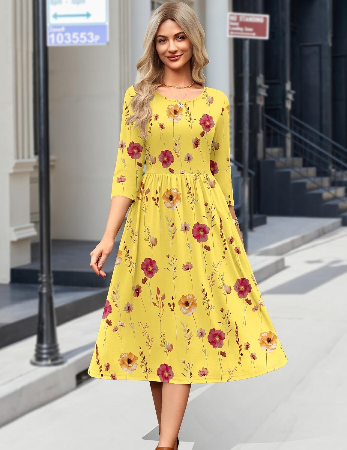 image:imageZeagoo 34 Sleeve Womens Dress Casual Aline Summer Fall Midi Long DressesYellow Floral