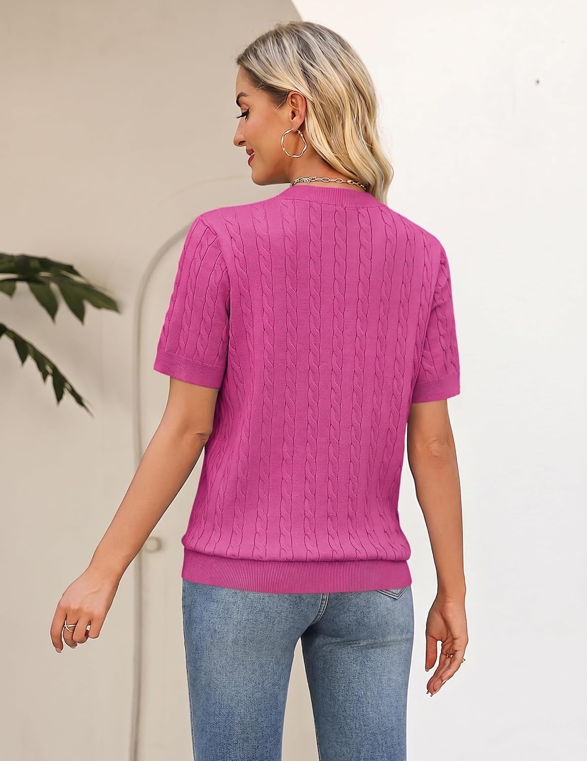 image:imageZeagoo Cable Short Sleeve Sweaters for Women Summer Spring Cute Tops 2026 Trendy Business Causal Outfits Work Blouses ClothesRose Red
