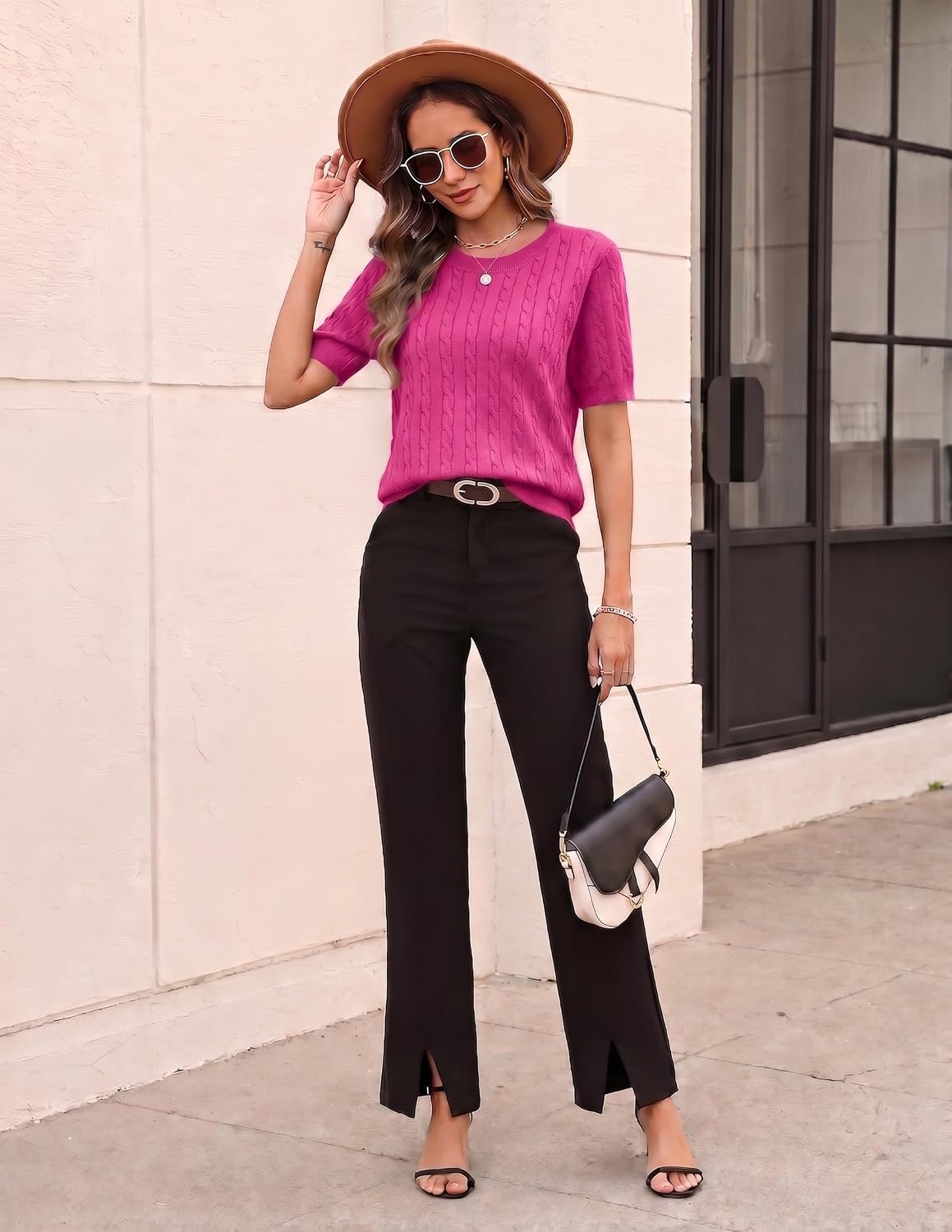 image:imageZeagoo Cable Short Sleeve Sweaters for Women Summer Spring Cute Tops 2026 Trendy Business Causal Outfits Work Blouses ClothesRose Red