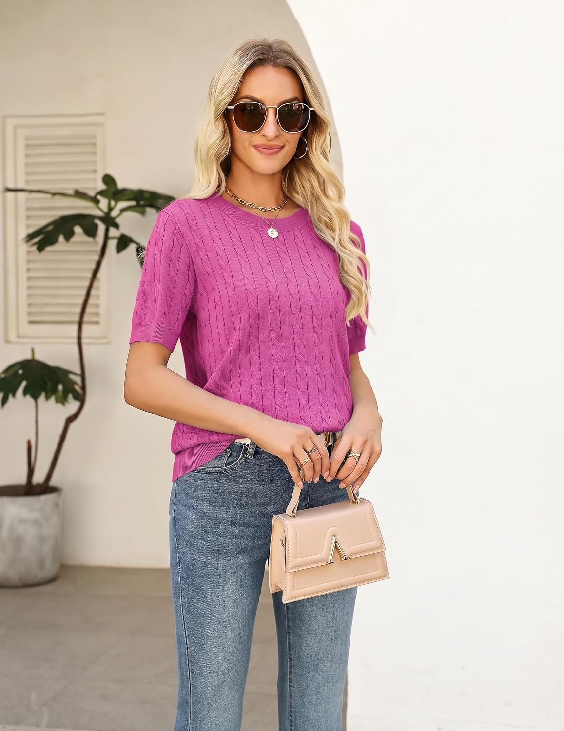 image:imageZeagoo Cable Short Sleeve Sweaters for Women Summer Spring Cute Tops 2026 Trendy Business Causal Outfits Work Blouses ClothesRose Red