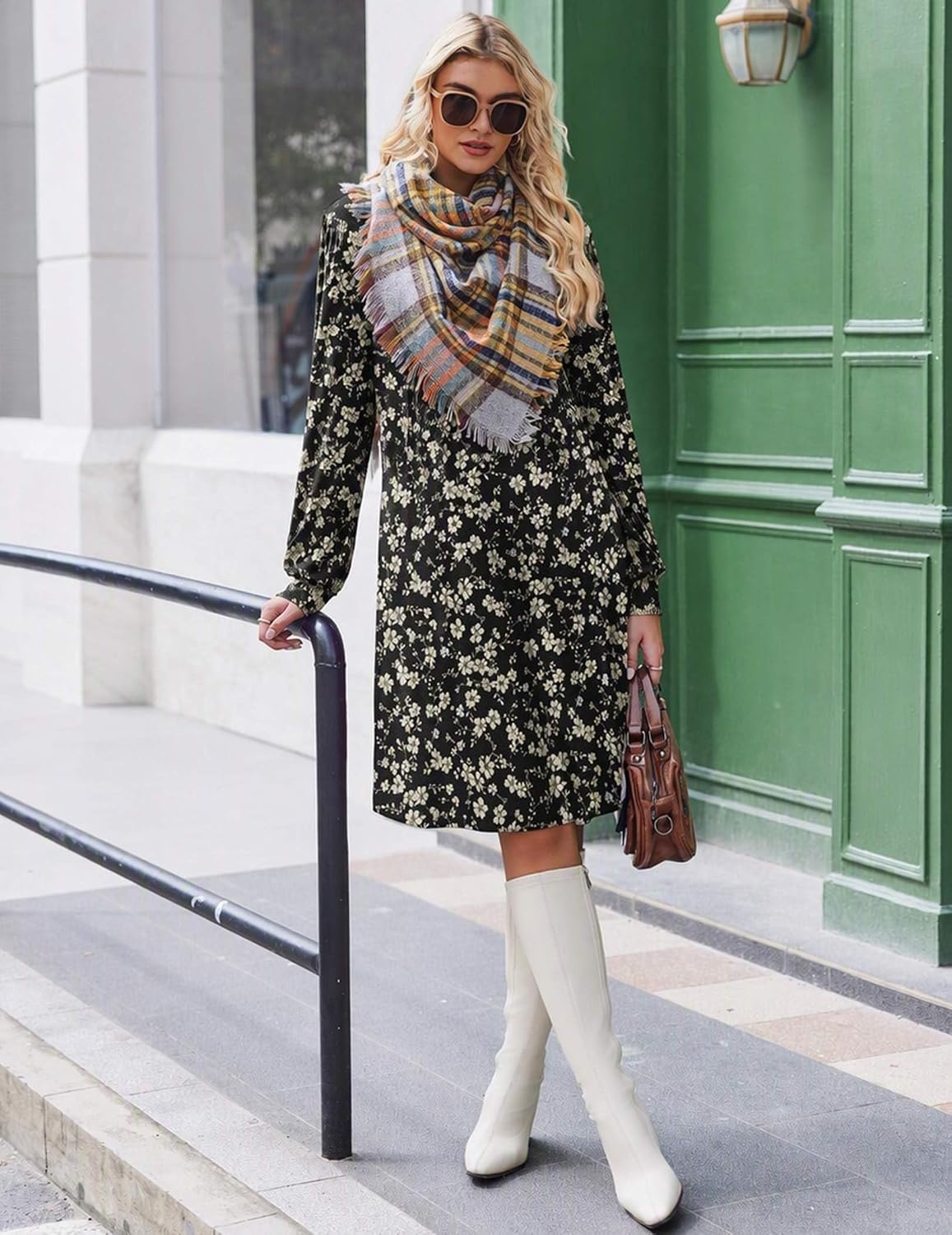 image:imageZeagoo Fall Dresses for Women Long Sleeve Casual Pleated V Neck Dress 2026 A Line Tunic DressB26 Black Floral