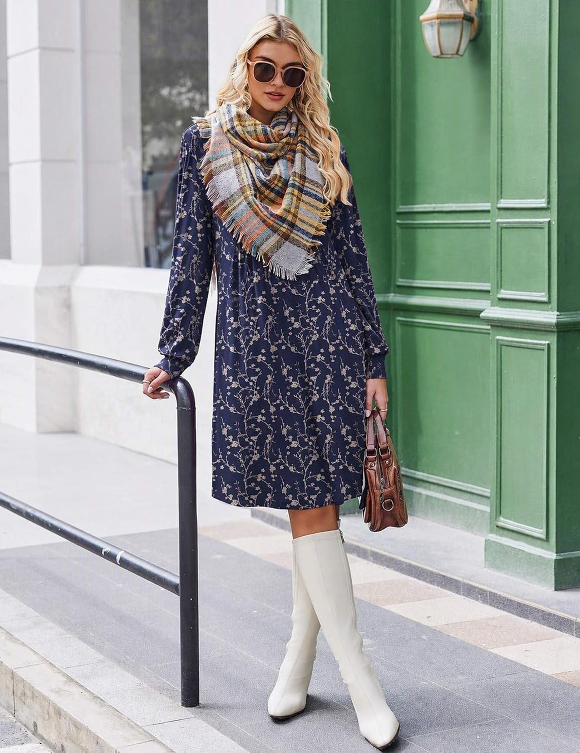 image:imageZeagoo Fall Dresses for Women Long Sleeve Casual Pleated V Neck Dress 2026 A Line Tunic DressB26 Navy Floral