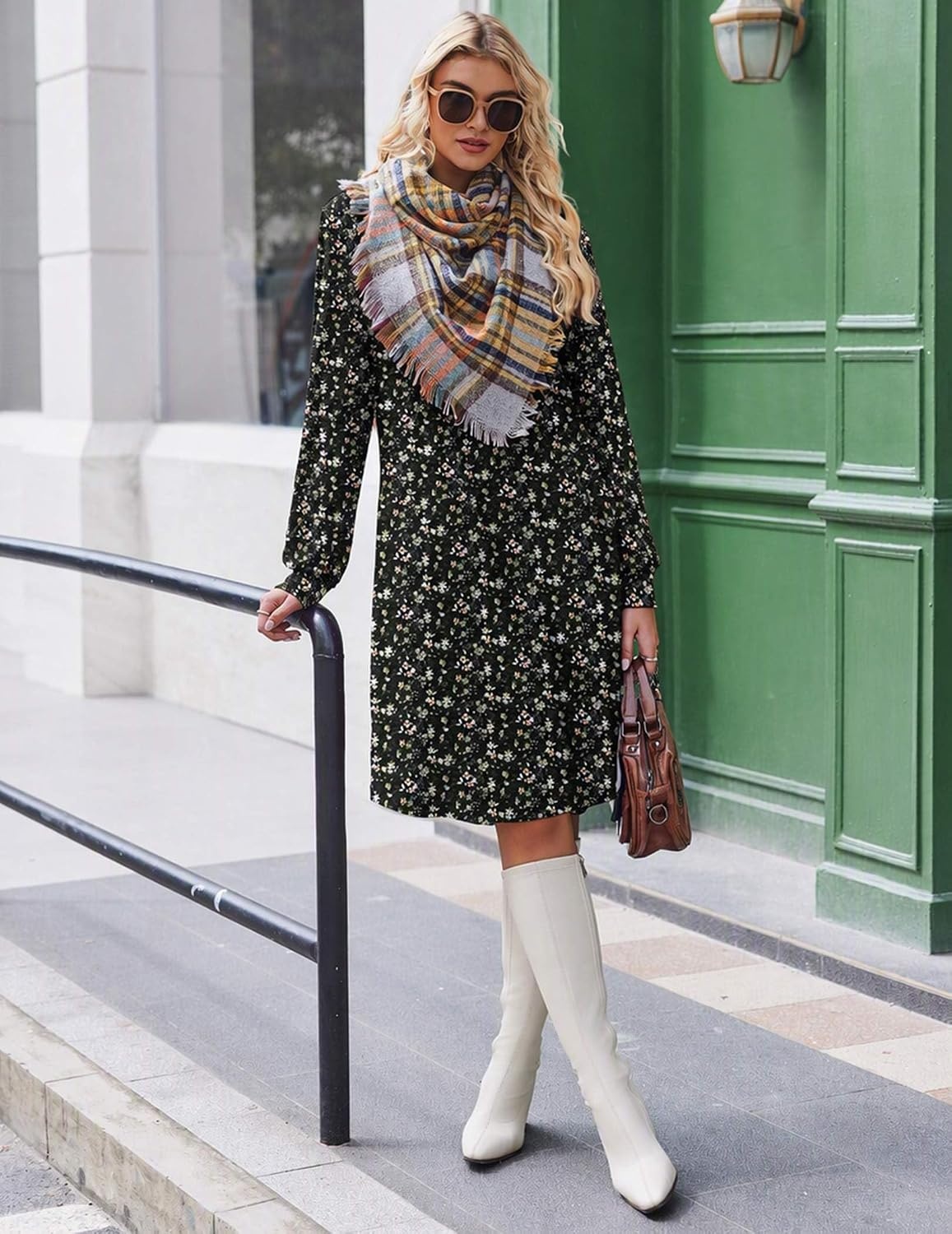 image:imageZeagoo Fall Dresses for Women Long Sleeve Casual Pleated V Neck Dress 2026 A Line Tunic DressC26 Black Flower