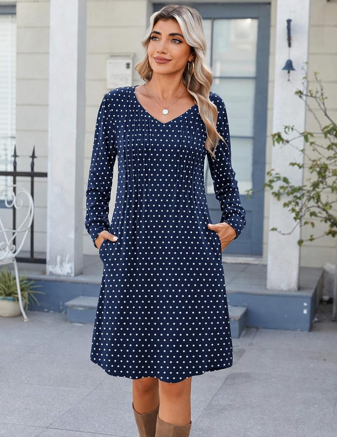 image:imageZeagoo Fall Dresses for Women Long Sleeve Casual Pleated V Neck Dress 2026 A Line Tunic DressC26 Navy Dot