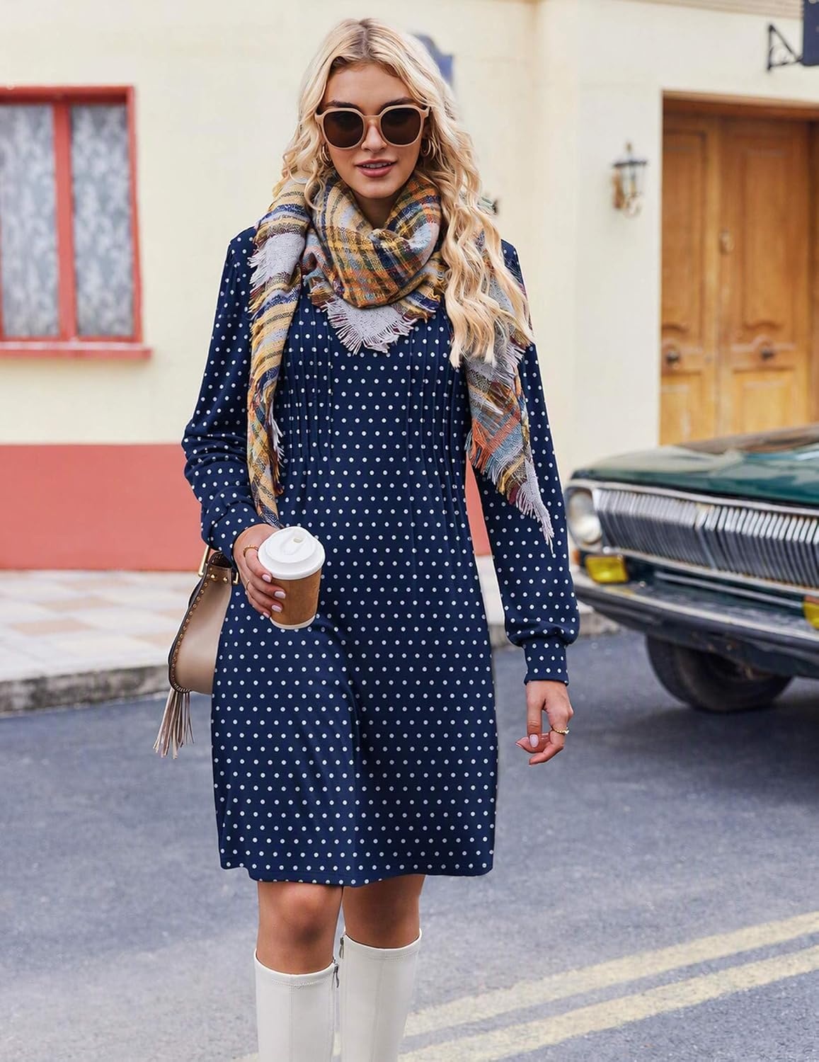 image:imageZeagoo Fall Dresses for Women Long Sleeve Casual Pleated V Neck Dress 2026 A Line Tunic DressC26 Navy Dot