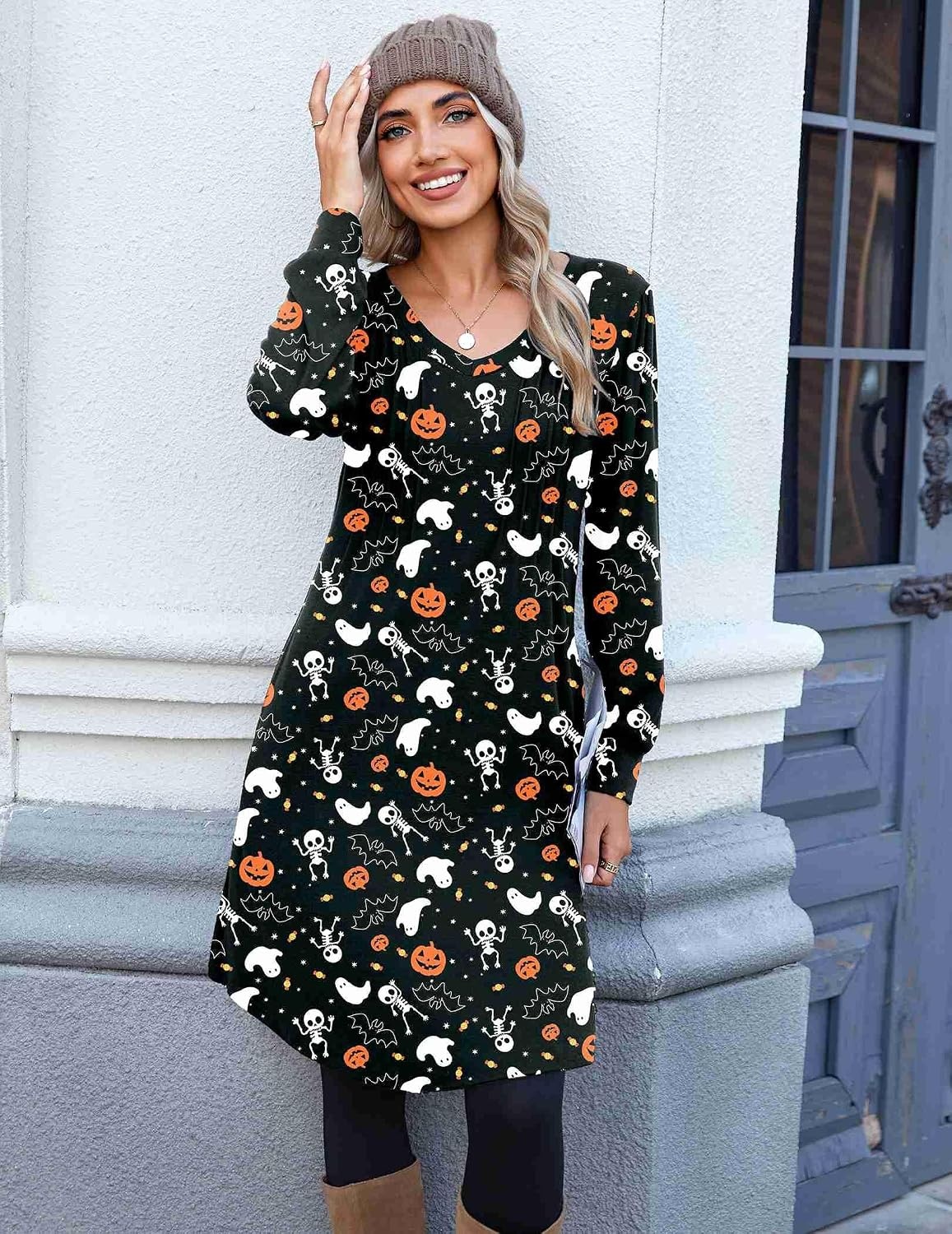 image:imageZeagoo Fall Dresses for Women Long Sleeve Casual Pleated V Neck Dress 2026 A Line Tunic DressHalloween Print