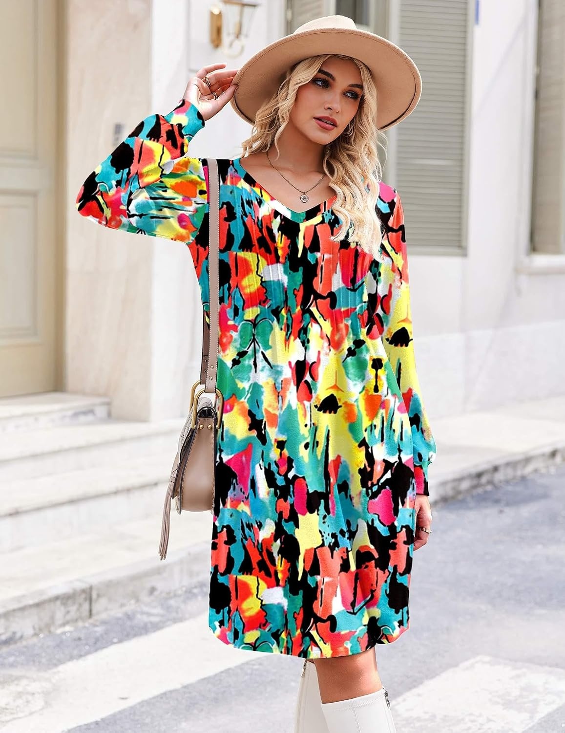 image:imageZeagoo Fall Dresses for Women Long Sleeve Casual Pleated V Neck Dress 2026 A Line Tunic DressMixed Printed