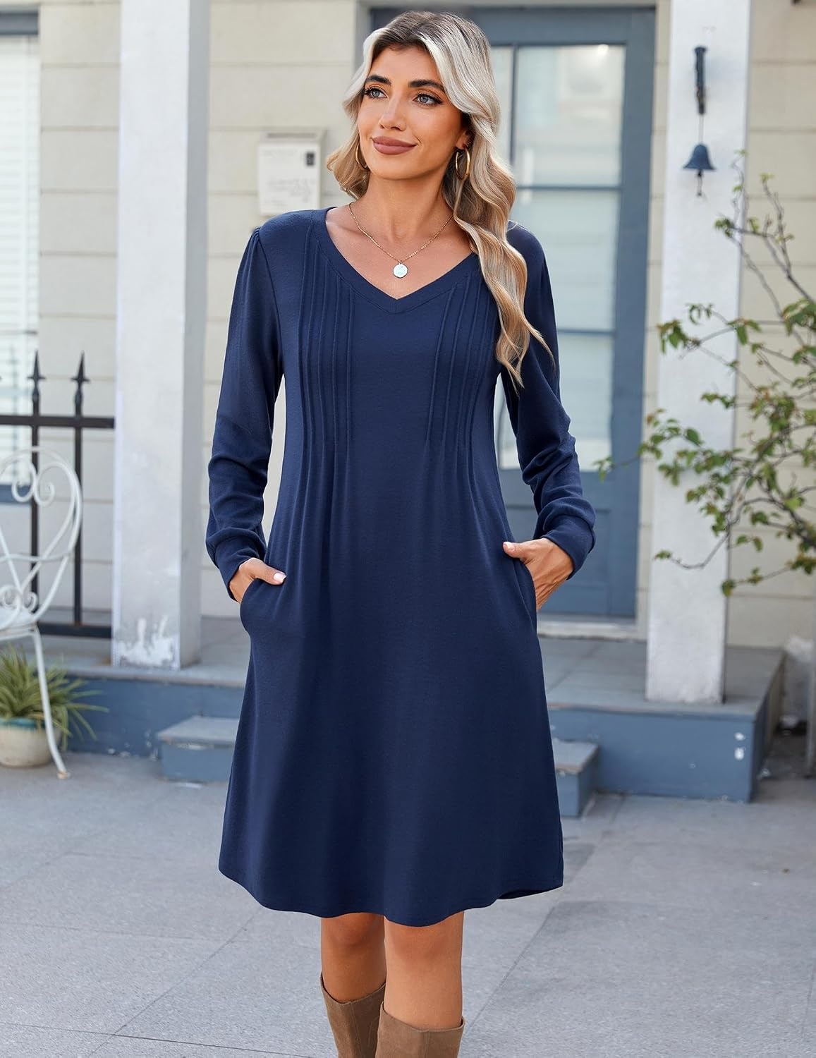 image:imageZeagoo Fall Dresses for Women Long Sleeve Casual Pleated V Neck Dress 2026 A Line Tunic DressNavy
