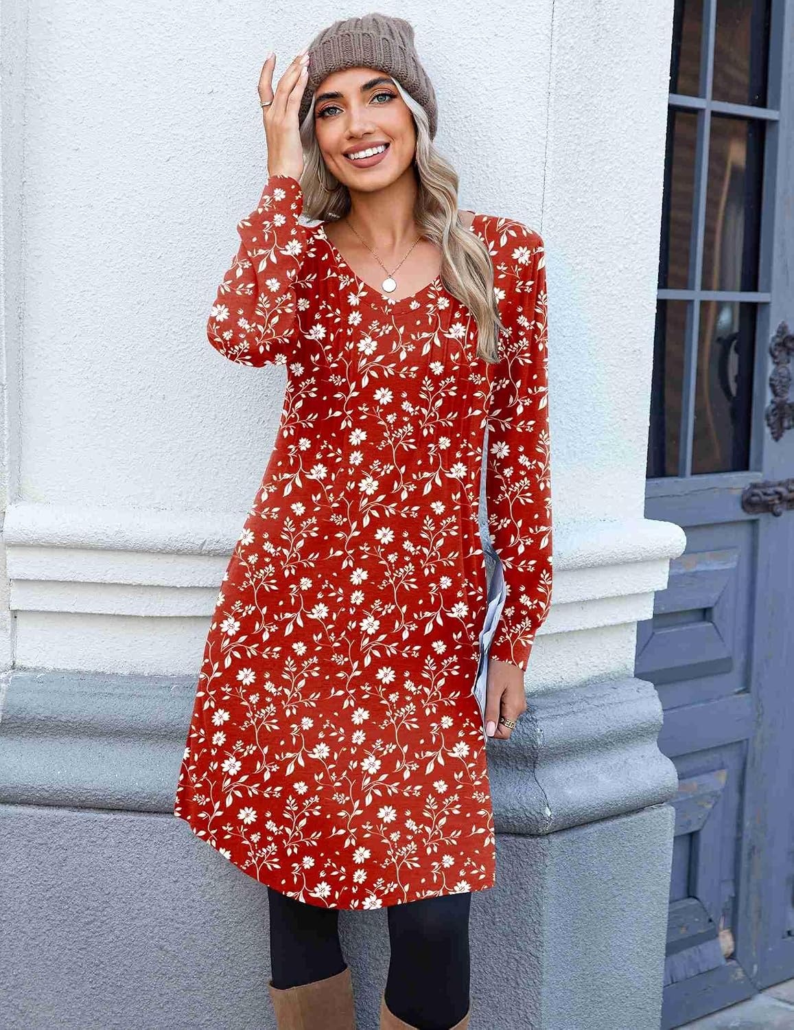 image:imageZeagoo Fall Dresses for Women Long Sleeve Casual Pleated V Neck Dress 2026 A Line Tunic DressRed Floral