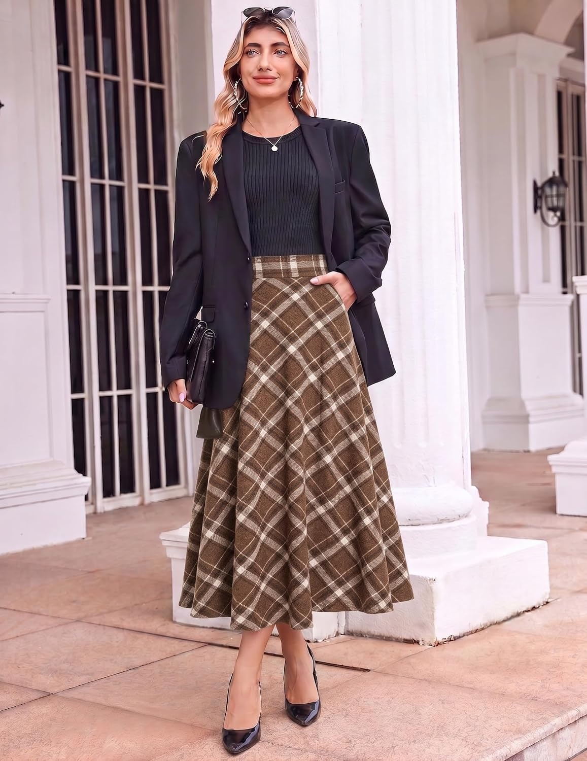 image:imageZeagoo Plaid Skirts for Women Elastic Waist Aline Tartan Skirt with PocketsGz919