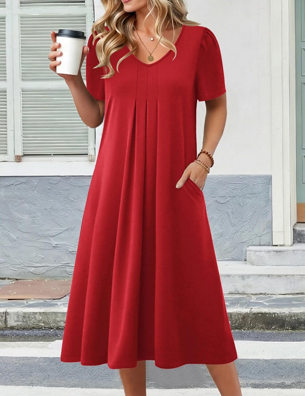 image:imageZeagoo Summer Casual Dress for Womens Floral Midi Sundress with PocketsRed