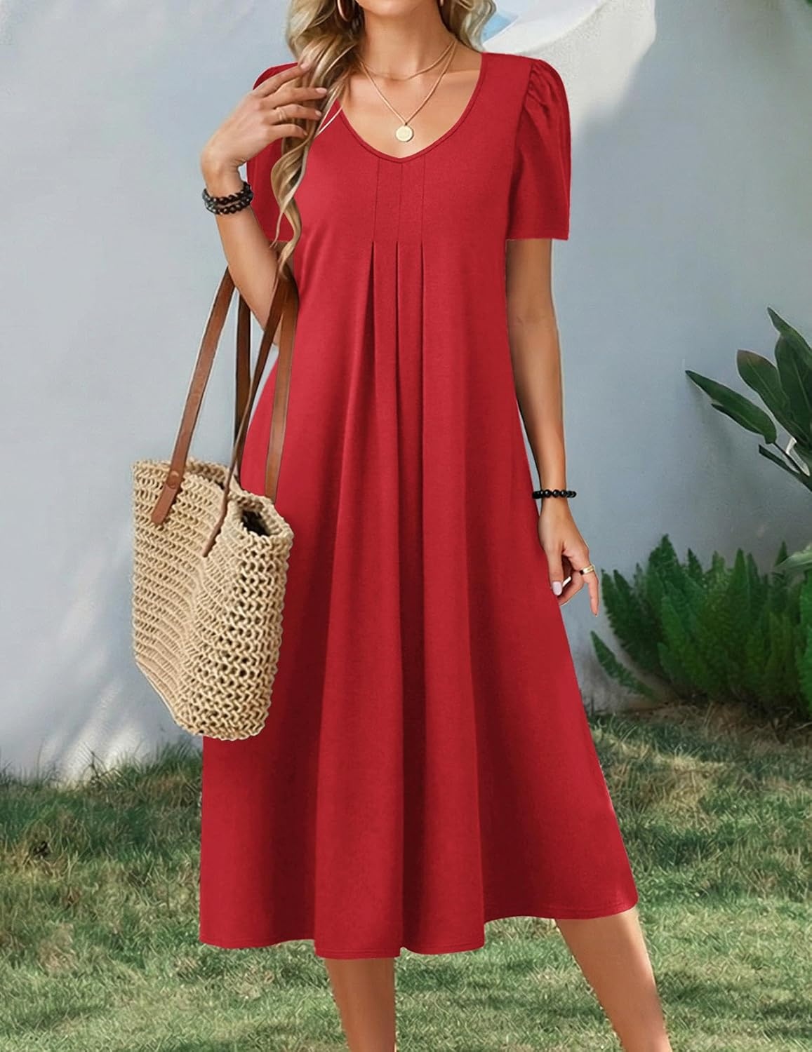 image:imageZeagoo Summer Casual Dress for Womens Floral Midi Sundress with PocketsRed