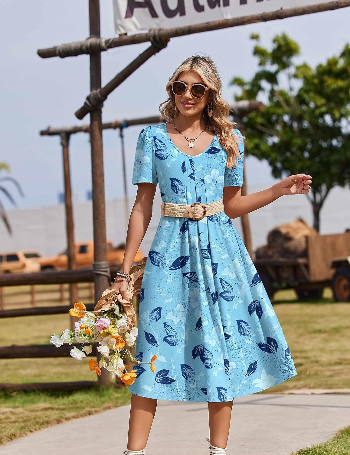image:imageZeagoo Summer Casual Dress for Womens Floral Midi Sundress with PocketsSky Blue